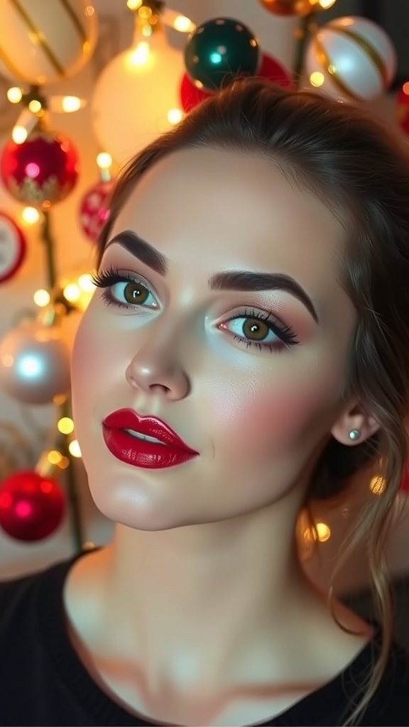 A model with Christmas makeup, featuring red lips and shimmery eyes, set against a festive background.